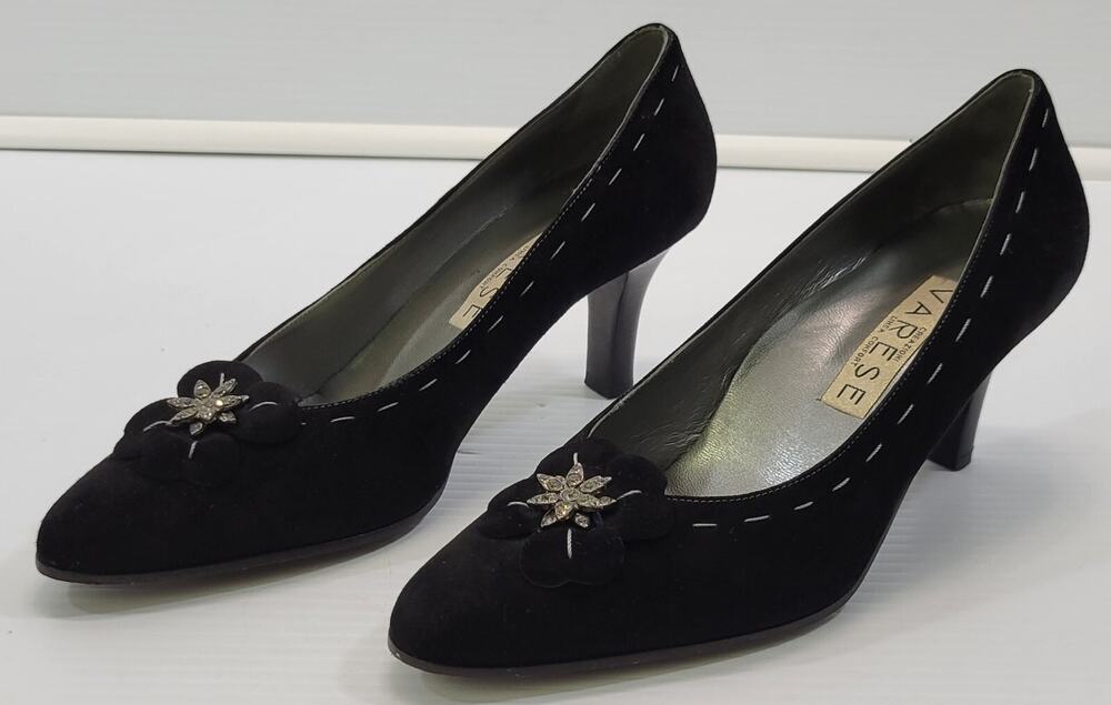 BG) Creazioni Varese Women Black Velour Leather Bottom Heels Italy 38 Size 7.5